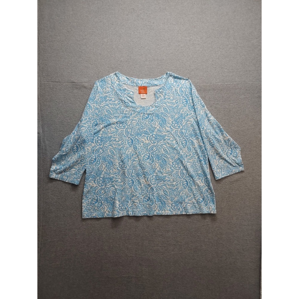 Hearts Of Palm Woman Women Tops 1X Blue White Paisley Notched Neckline Business